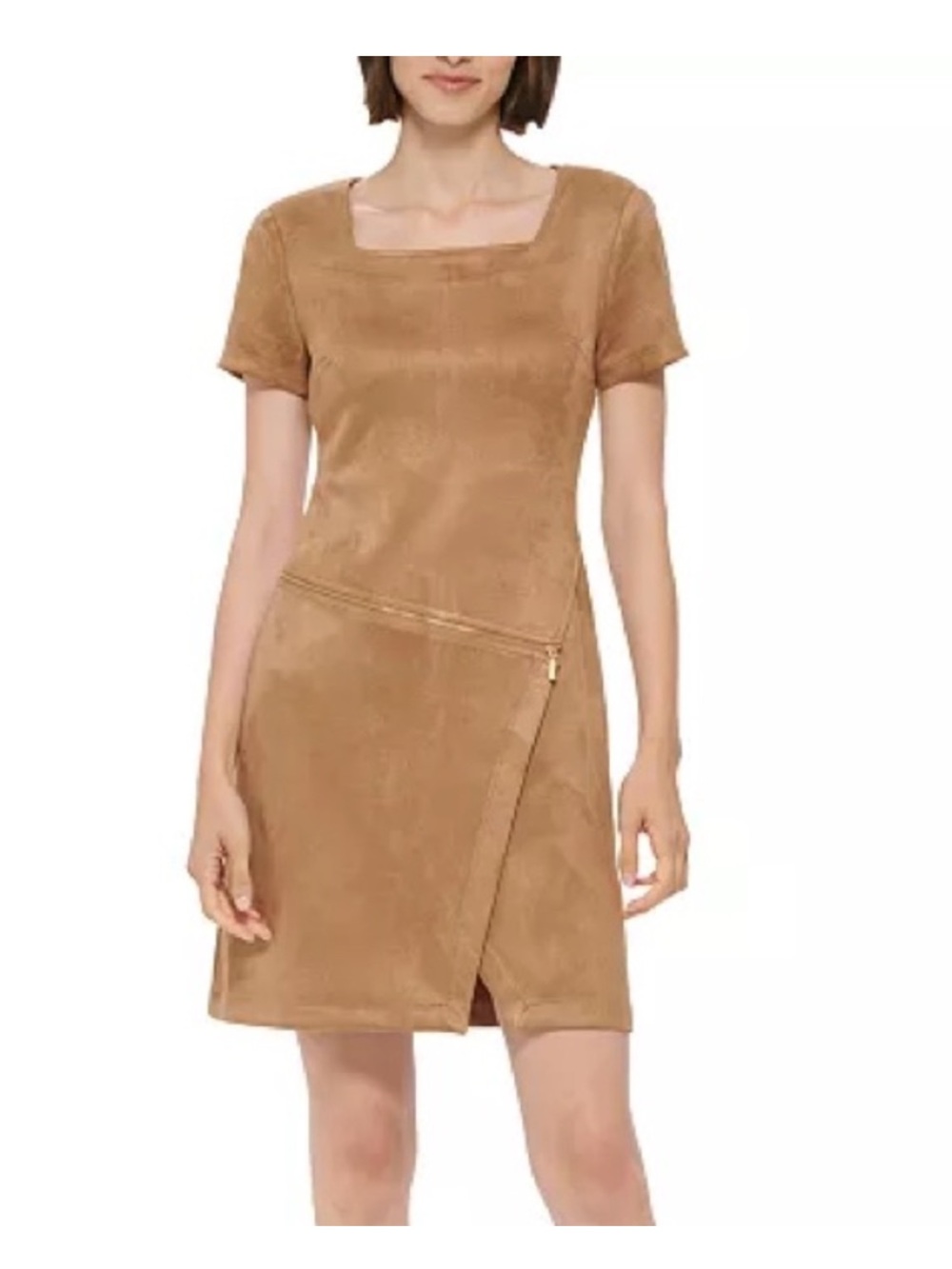 CALVIN KLEIN Career Soft Faux Suede SQ. Neck Zipper Detail Skirt Tan Sheath 16